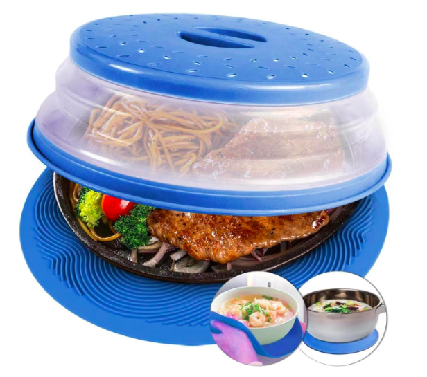 A blue 2-in-1 microwave mat and food cover, designed to protect against splatters and serve as a bowl holder, featuring a see-through lid and a textured base.