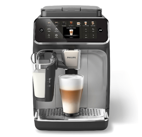 Philips 4400 Series Fully Automatic Espresso Machine with a glass of latte, featuring a milk frother and digital display.