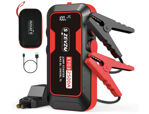 A S ZEVZO ET03 car jump starter with a maximum output of 2500A, featuring red and black jumper cables, an LCD display, USB ports, and a storage case.