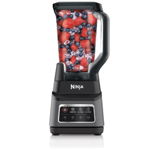 Ninja BN701 Professional Plus Blender with a pitcher filled with mixed berries and ice, featuring controls for various blending functions.