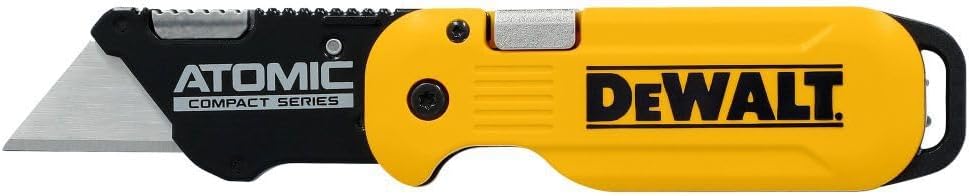 Dewalt Atomic Compact Series Push And Flip Folding Utility Knife with a yellow and black design.