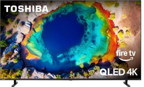 Toshiba 65-inch QLED 4K UHD Smart Fire TV displaying vibrant colors and a scenic landscape.