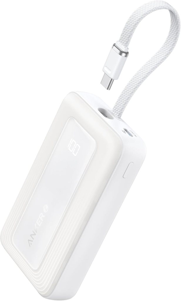 Anker Portable Charger, 10,000mAh power bank with USB-C fast charging capability, featuring a braided cable, angled for user convenience.