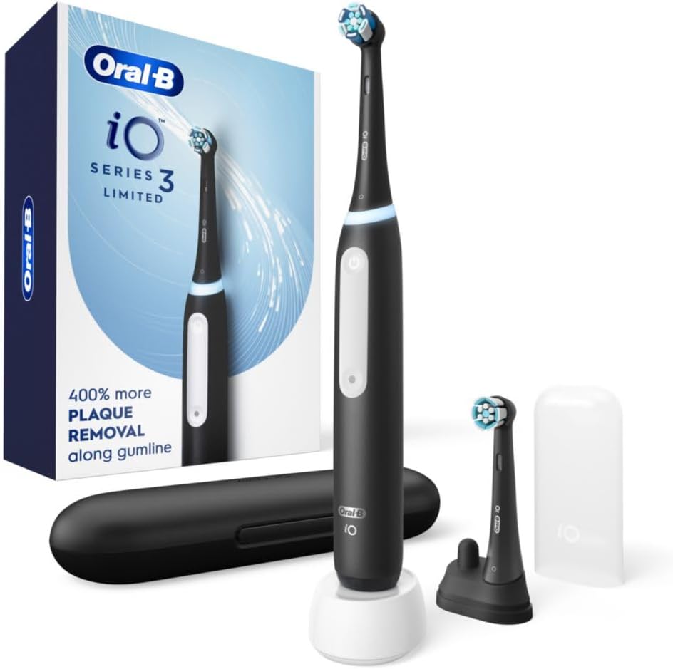 Oral-B iO Series 3 Limited rechargeable electric toothbrush with two brush heads, travel case, and packaging.