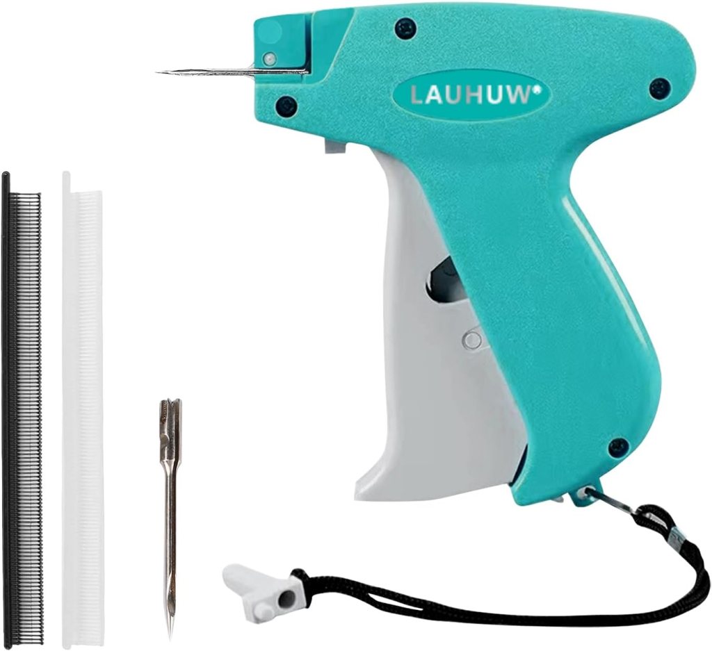 A mini stitch gun kit featuring a turquoise stitching tool, a black and a white fastener, and a replacement pin.