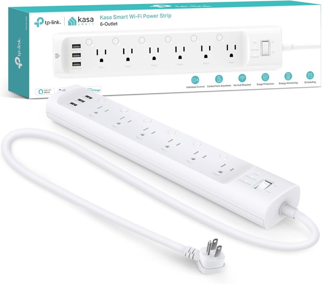 Kasa Smart Plug Power Strip with 6 outlets and 3 USB ports, featuring surge protection and smart technology.