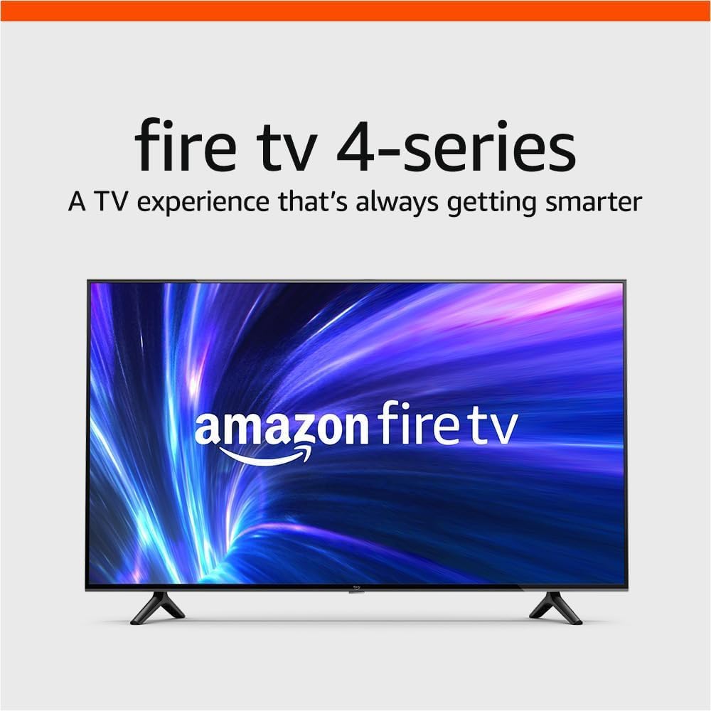Amazon Fire TV 4-Series smart TV displaying a vibrant abstract background with the text 'amazon fire tv'.