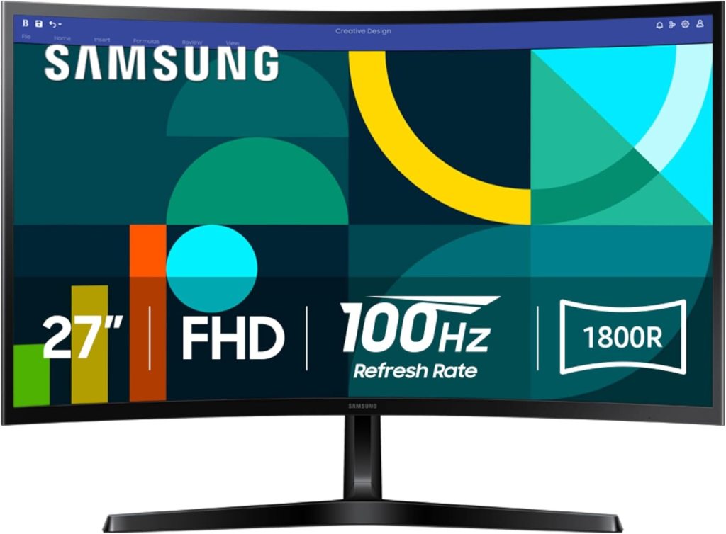 Samsung 27-inch FHD 1800R curved computer monitor showcasing specifications, including 100Hz refresh rate and vibrant graphic design.