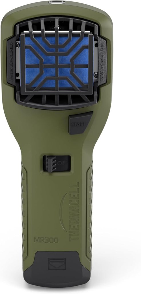Thermacell MR300 Portable Mosquito Repeller in olive green, featuring a start button and a protective grill for the repellent pad.