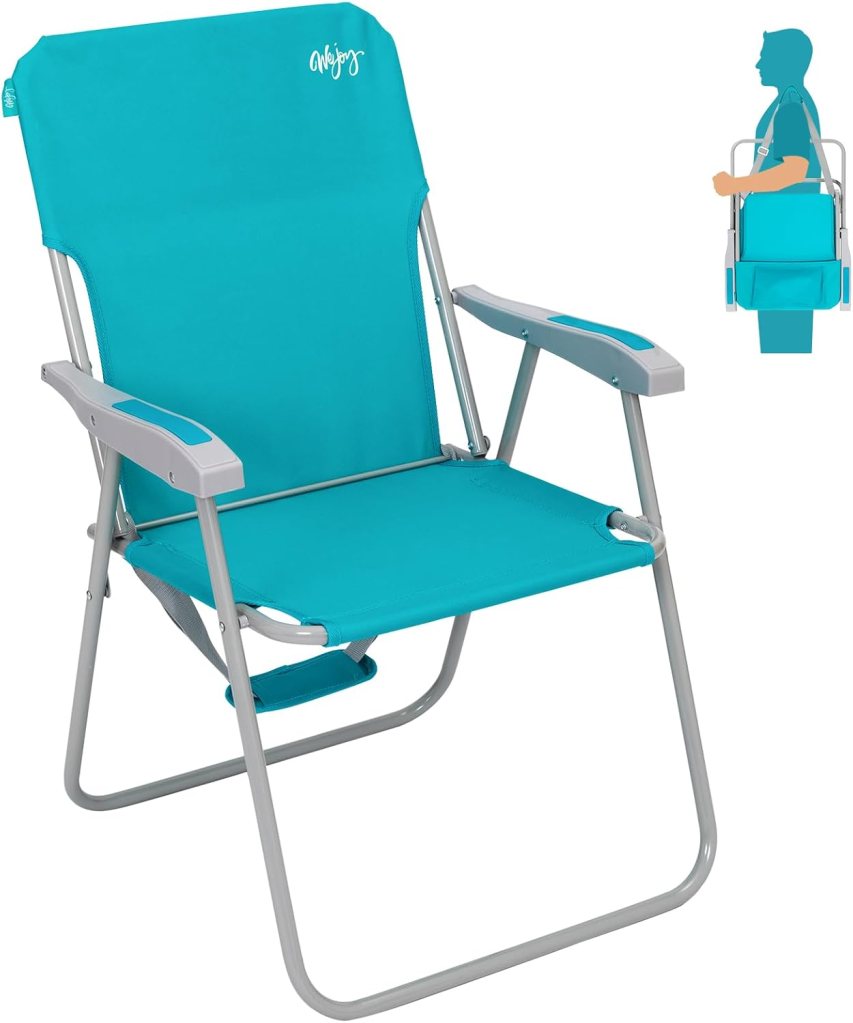 A turquoise folding beach chair designed for adults, featuring a high back, hard armrests, and a lightweight frame. Includes shoulder straps for easy carrying.