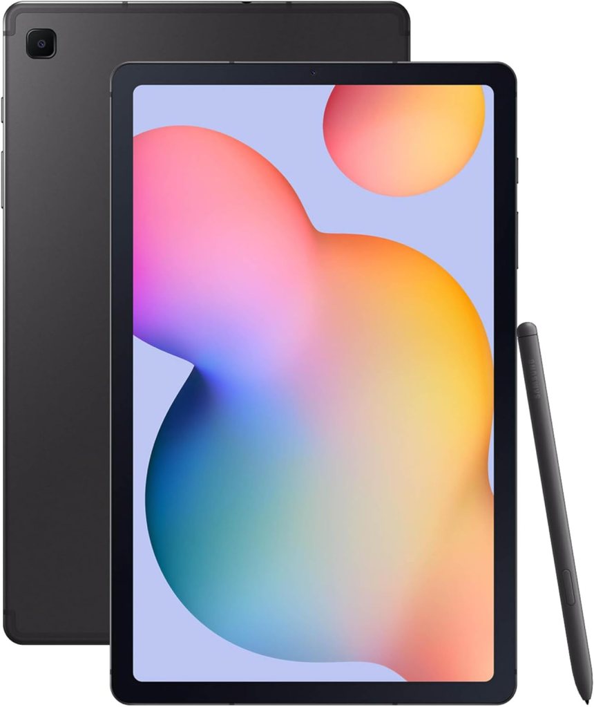 SAMSUNG Galaxy Tab S6 Lite 10.4' tablet shown from the front and back, featuring a colorful display and included S Pen.