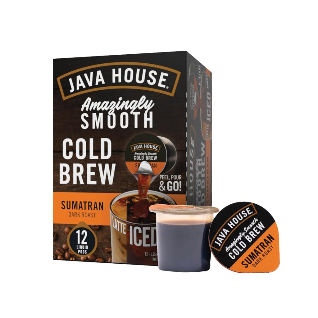 JAVA HOUSE Cold Brew Dark Roast coffee pods packaging with one pod displayed beside it.