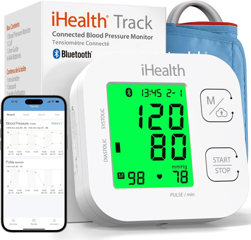 iHealth Track Smart Upper Arm Blood Pressure Monitor displaying blood pressure readings with a smartphone app open beside it. The monitor shows a green backlit screen with readings of 120 systolic and 80 diastolic.