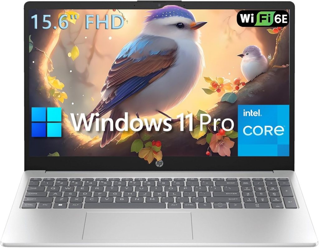 HP 15 15.6" FHD laptop featuring Windows 11 Pro, Intel Core, and a design with a bird illustration on the screen.