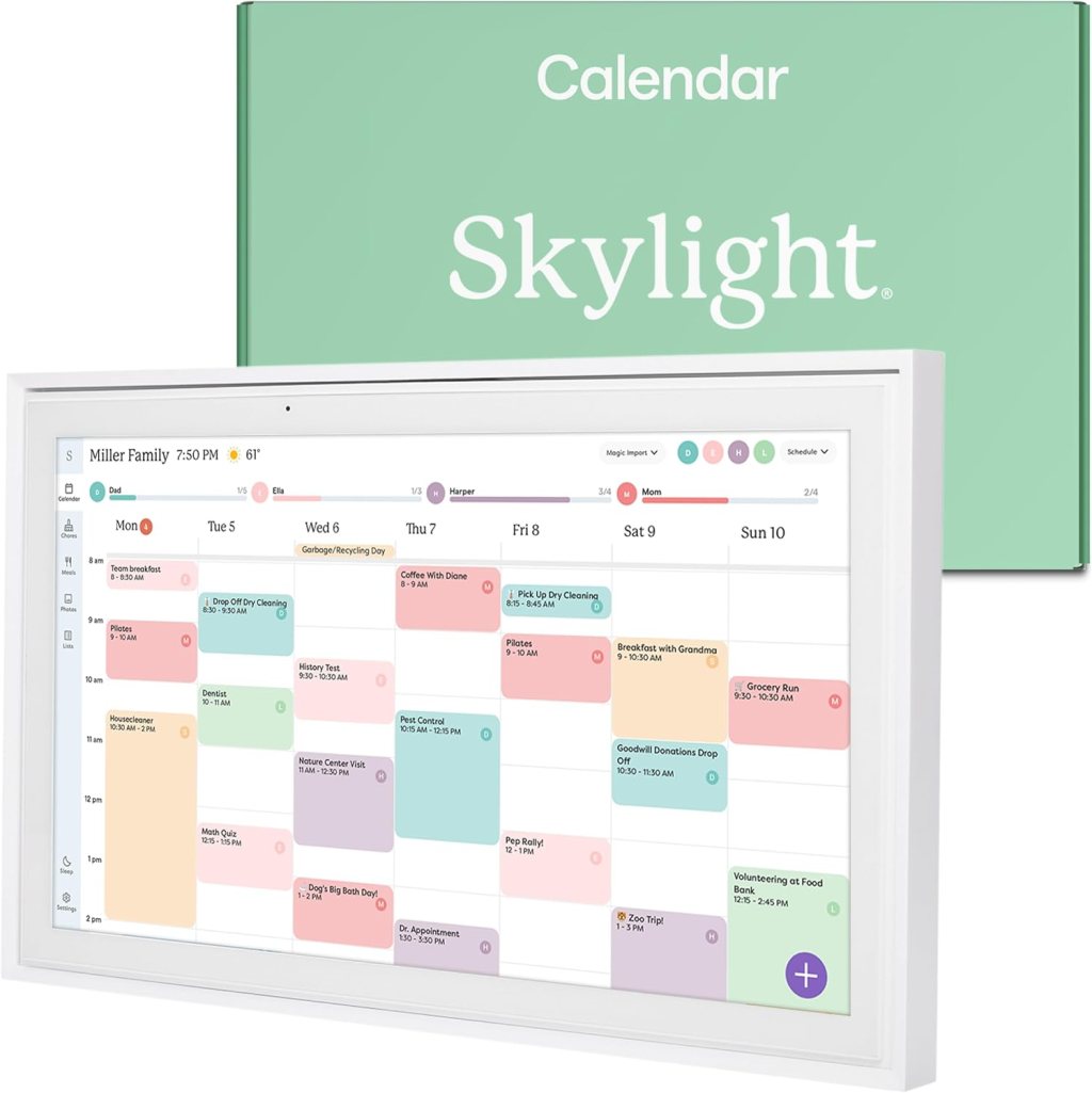 A Skylight digital calendar displayed on a wall, showcasing a colorful interactive schedule for family activities and appointments.