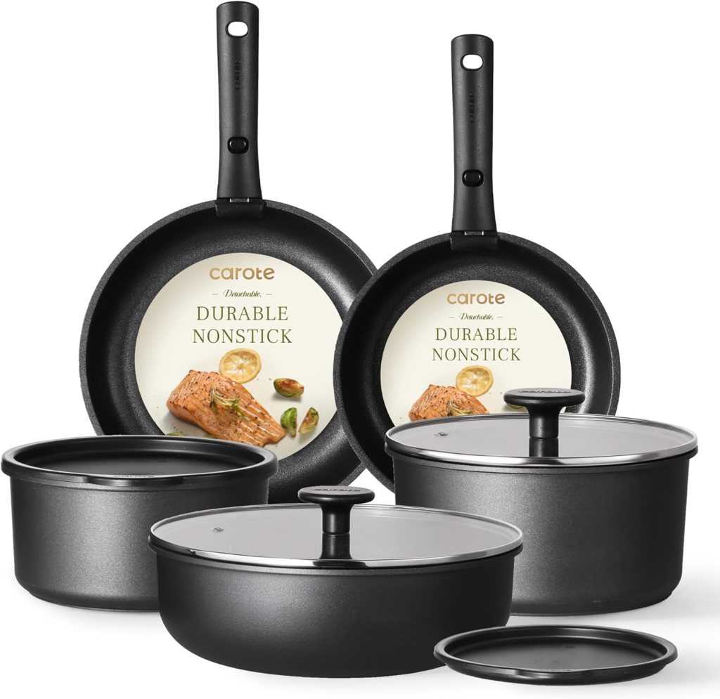 A set of CAROTE cookware including two frying pans and two pots with lids, all featuring a durable nonstick surface and detachable handles.