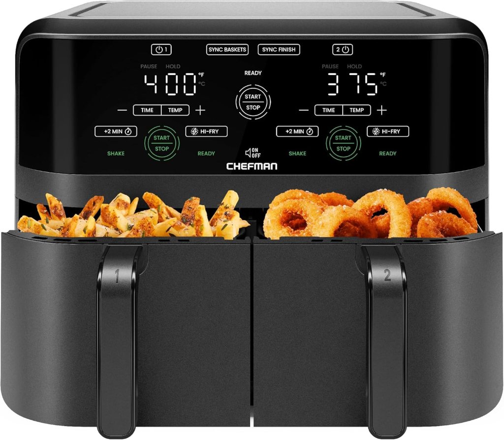 Chefman 6 Quart Dual Basket Air Fryer featuring a digital touchscreen with two independent frying baskets, one containing golden fries and the other with crispy onion rings.
