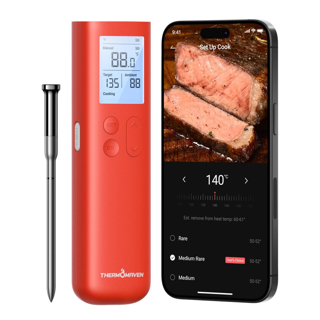 Wireless meat thermometer in red with digital display showing temperature and cooking settings, alongside a smartphone displaying a cut of steak with cooking instructions.