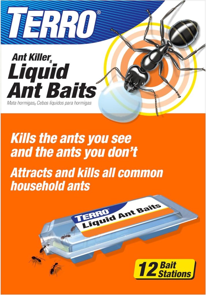 Product packaging for TERRO Liquid Ant Baits, featuring an illustration of an ant. The package highlights that it contains 12 bait stations and effectively kills visible and hidden household ants.