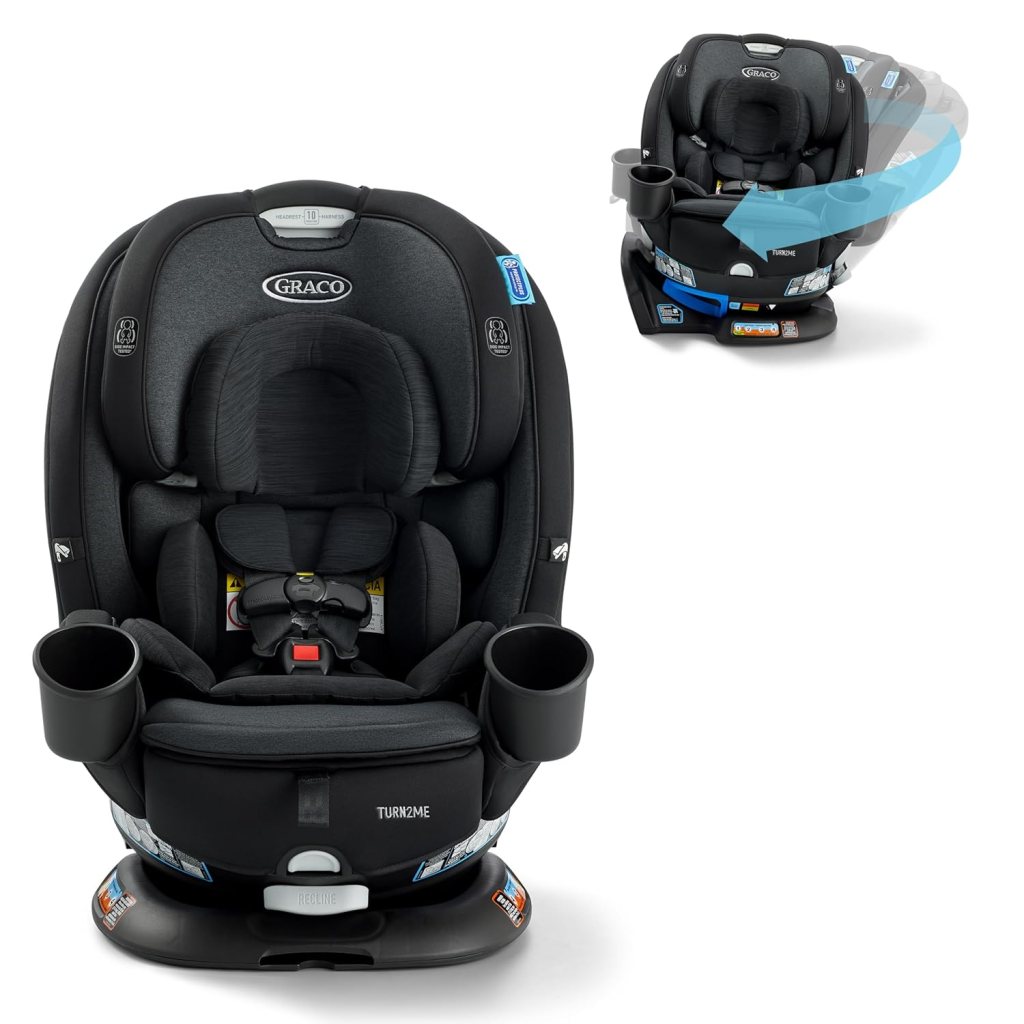A Turn2Me 3-in-1 Convertible Car Seat in Cambridge color, featuring a headrest, harness adjust, and cup holders, shown in two angles illustrating its convertible feature.
