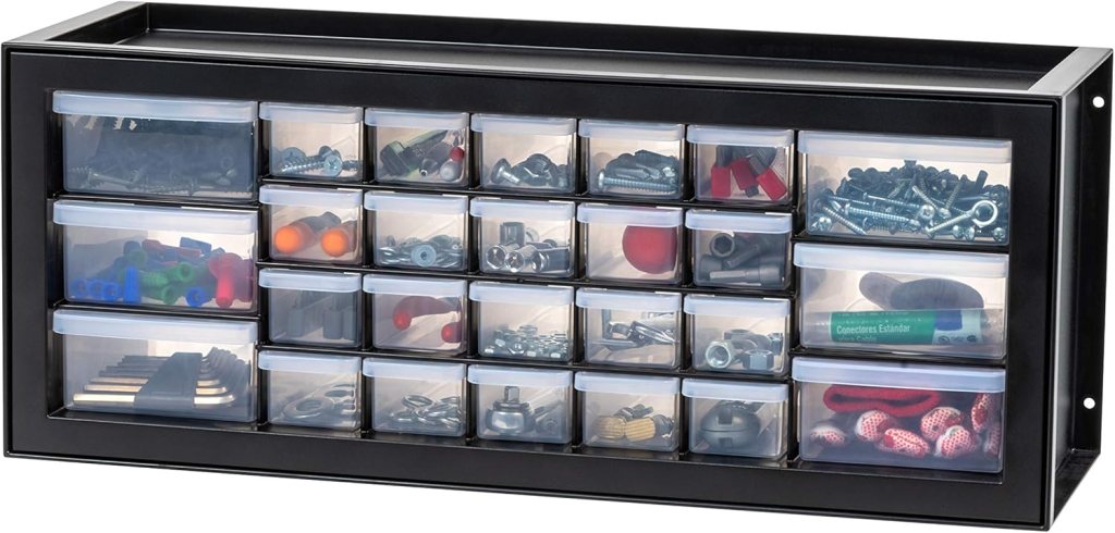 IRIS USA Plastic Drawer Storage Organizer with 26 clear drawers, designed for storing small parts, tools, and craft items, shown against a simple background.