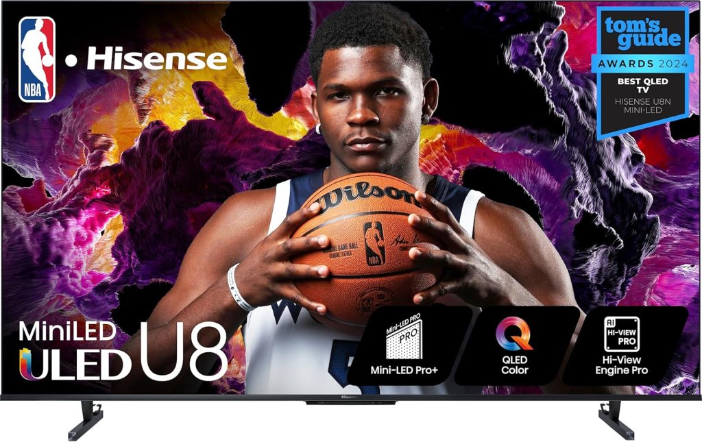 Hisense 55-Inch Mini-LED ULED 4K UHD Smart TV with vibrant colors and a basketball player holding a Wilson ball, showcasing the brand and features.