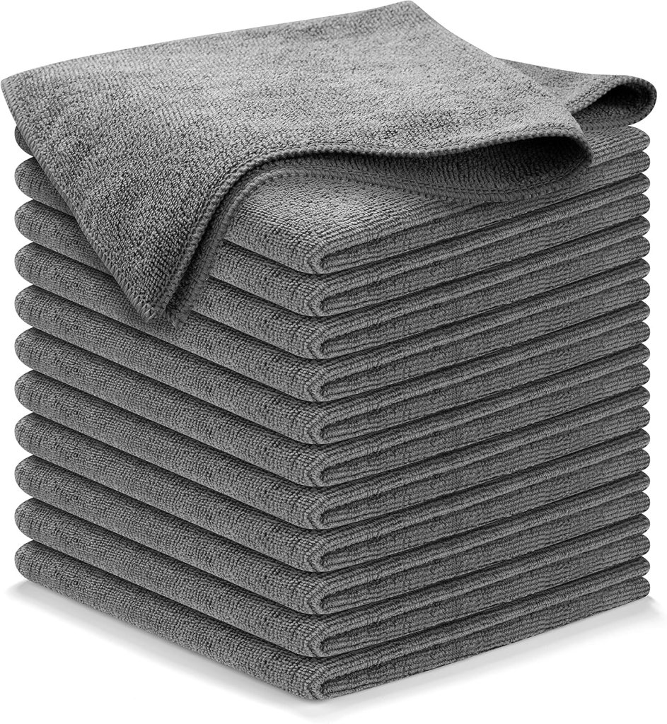 Stack of grey microfiber cleaning cloths, showcasing a total of twelve neatly folded towels.