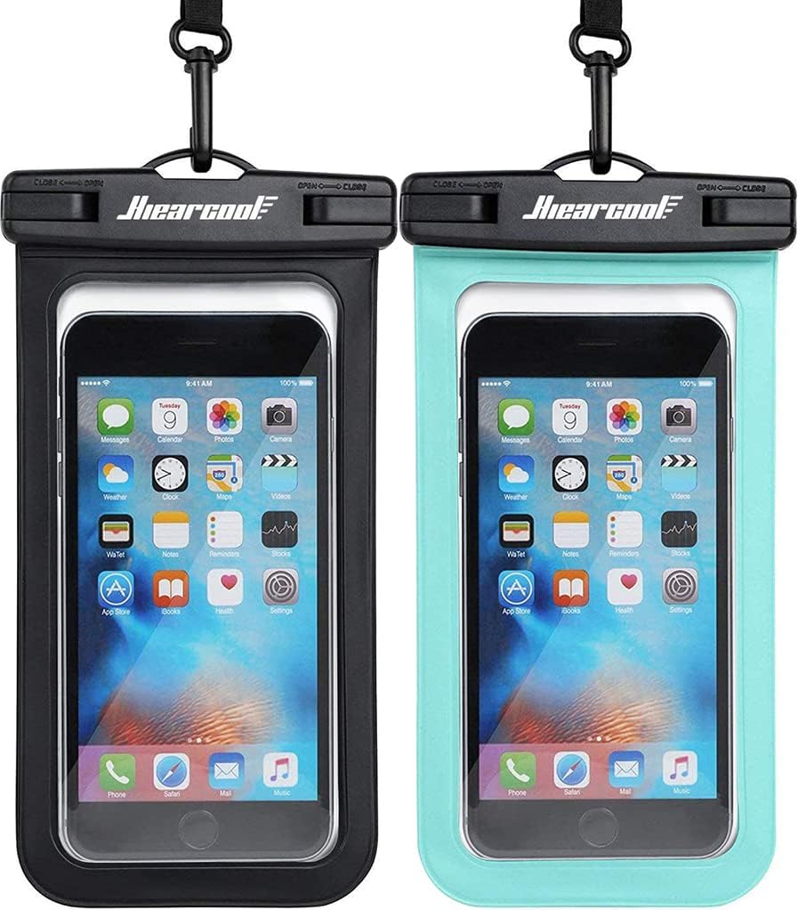 Two Hiearcool waterproof phone pouches, one black and one teal, designed to protect smartphones in water.