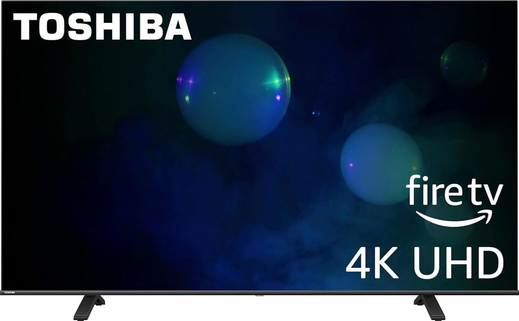 TOSHIBA 65" Class C350 Series LED 4K UHD Smart Fire TV display with vibrant colors and Amazon Fire TV branding.