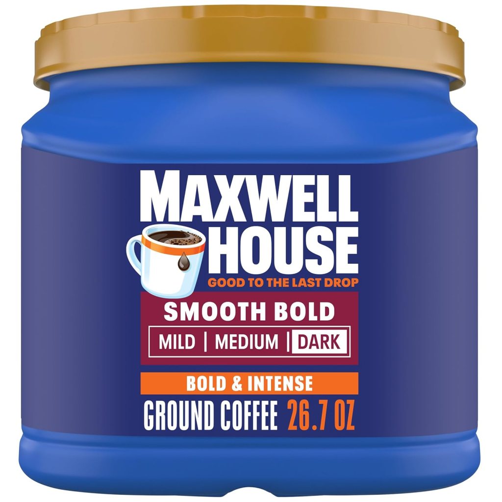 Maxwell House Smooth Bold Dark Roast Ground Coffee canister, 26.7 oz, featuring a blue and gold design with branding.