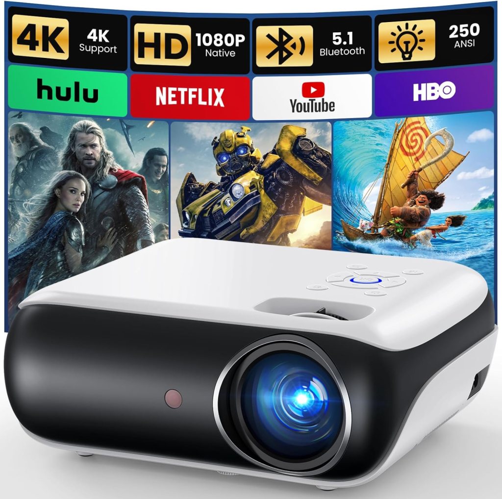 A close-up of a HAPPRUN Native 1080P Bluetooth projector showcasing its lens and control buttons, with colorful images of popular movies such as those available on Netflix, Hulu, YouTube, and HBO in the background.