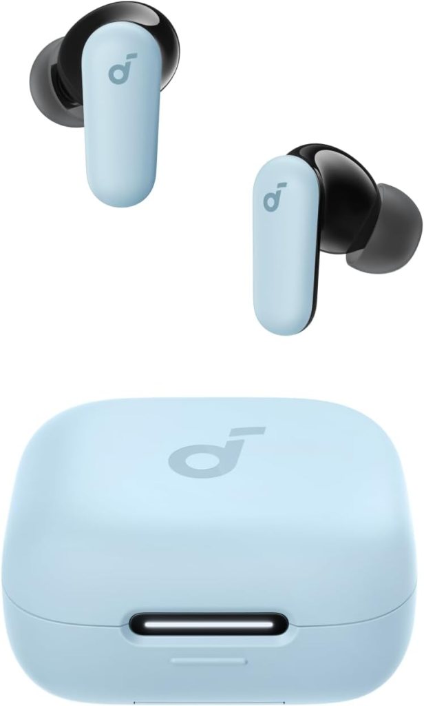 A pair of Soundcore P30i noise-cancelling earbuds by Anker, shown in blue and black colors, alongside their charging case.