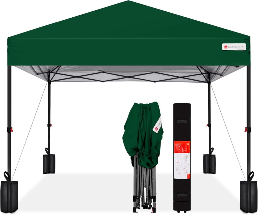 A forest green pop-up canopy tent with a sturdy frame, featuring a collapsible design and weight bags for stability, ideal for outdoor events.