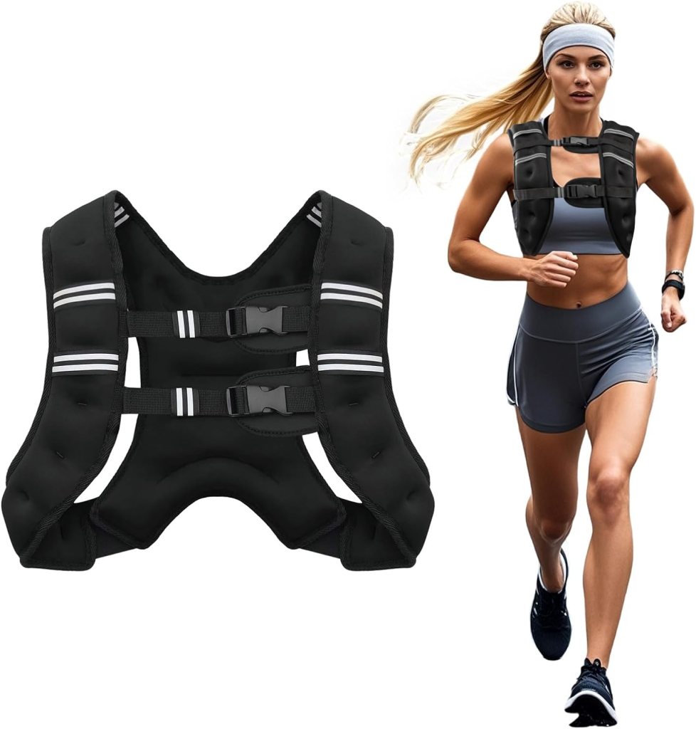A black adjustable weighted vest with reflective stripes, displayed alongside a person running in workout attire.
