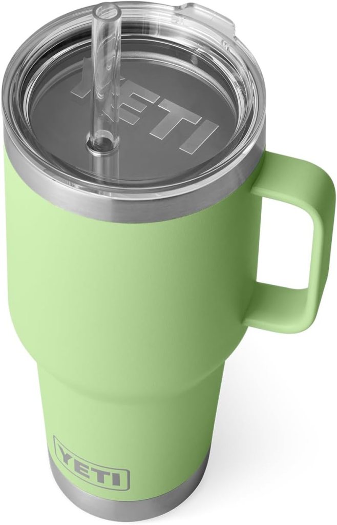 YETI Rambler 35 oz Straw Mug in Key Lime color with a clear lid and straw