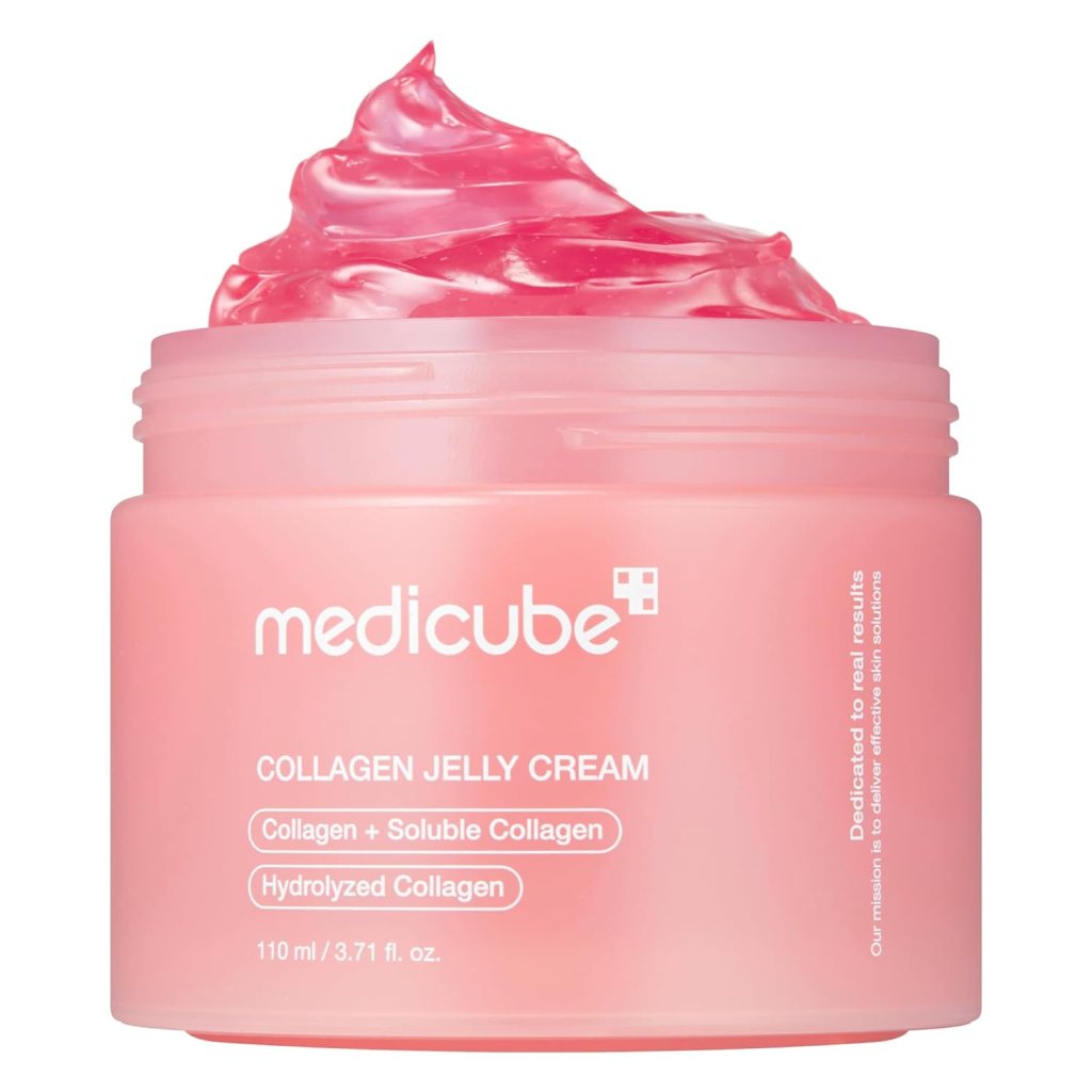 A jar of medicube Collagen Jelly Cream with pink cream on top, designed to boost skin hydration and firmness.