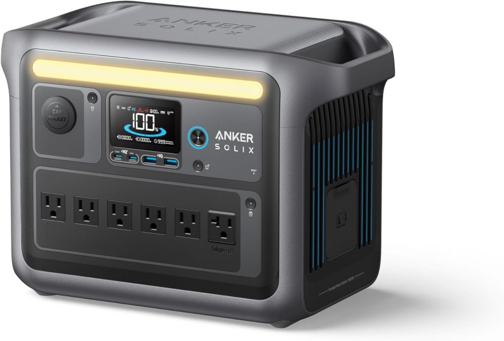 Anker SOLIX C1000 Portable Power Station featuring multiple outlets and an LED indicator screen, designed for home backup and outdoor use.
