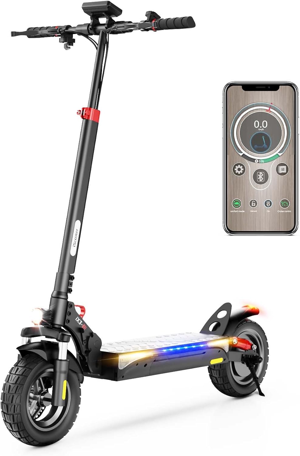 An iScooter electric scooter featuring 10-inch tires, an 800W motor, and a sleek design, alongside a smartphone display showing speed and battery status.