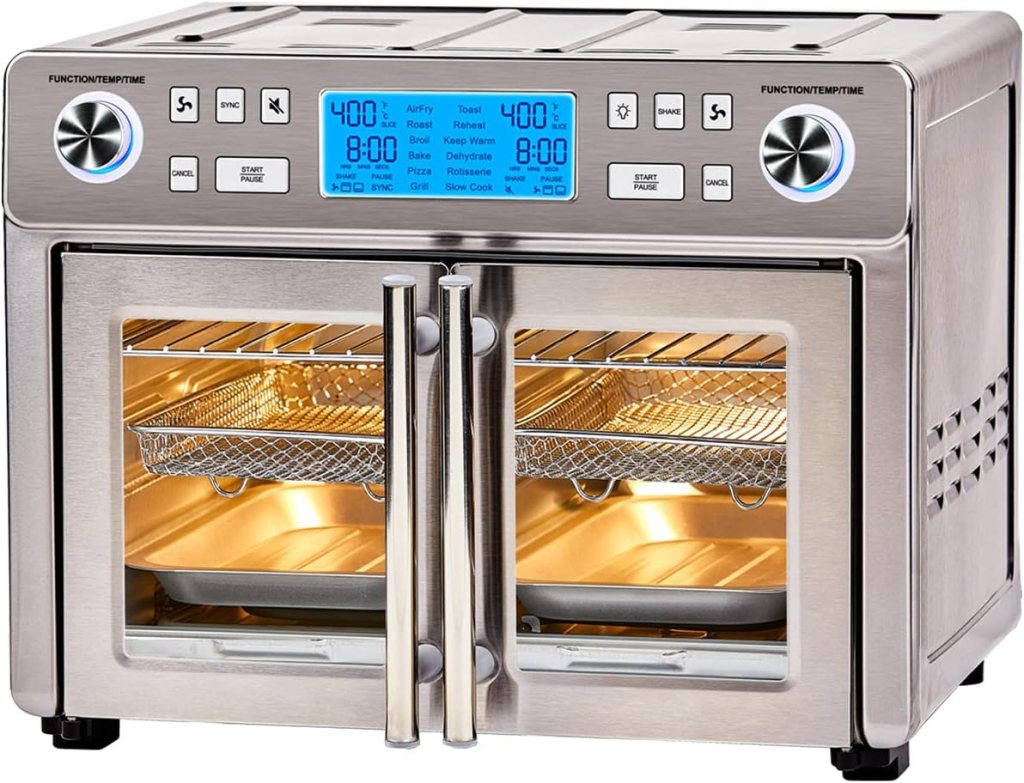 A stainless steel Emeril Lagasse Dual Zone 360 Air Fryer Oven Combo with French Door, featuring two cooking zones and digital controls.
