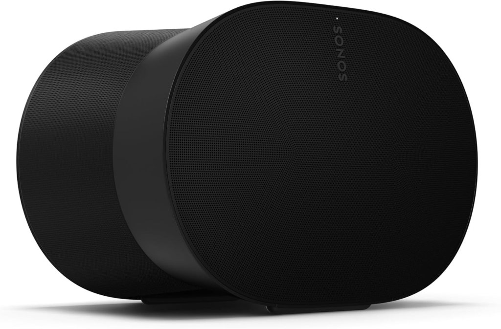 Side view of a black Sonos Era 300 wireless smart speaker, showcasing its rounded design and texture.