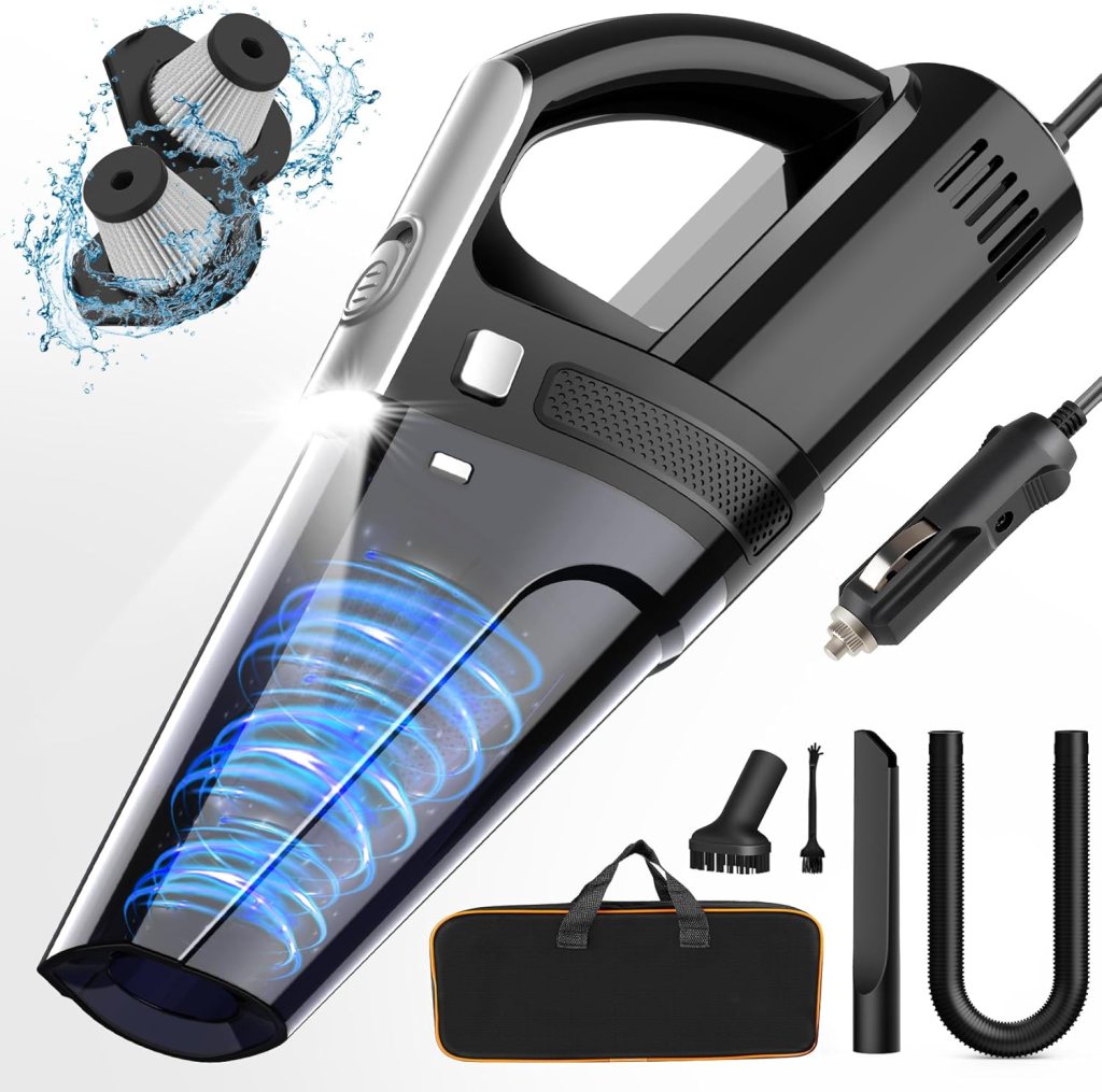 A portable car vacuum cleaner with a sleek design, featuring a transparent dust container and powerful suction capabilities, accompanied by various attachments and a carrying case.