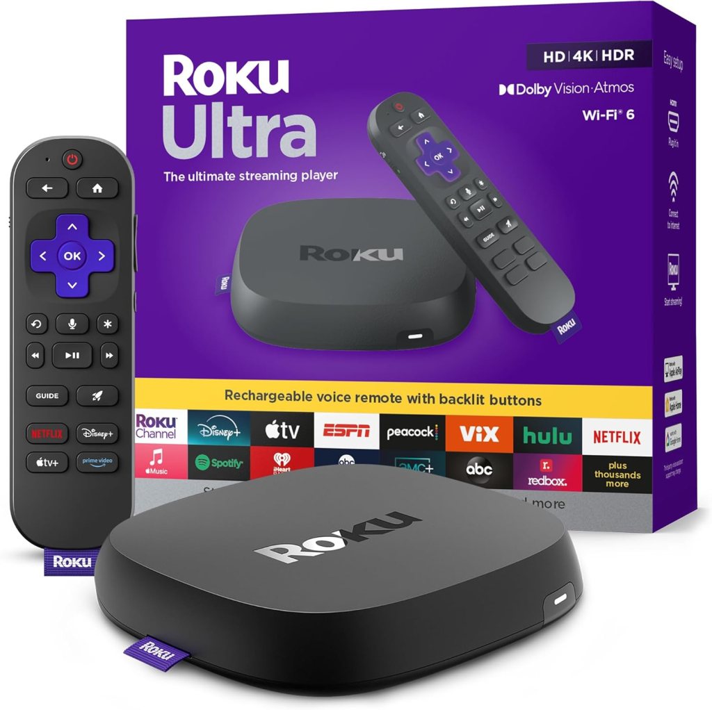 Roku Ultra streaming player package with remote control featuring backlit buttons, showcasing 4K streaming capabilities and multiple streaming service logos.