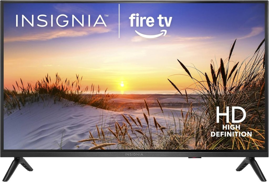 INSIGNIA 32" Class F20 Series LED HD Smart Fire TV displayed with a beach sunset background and the text 'HD HIGH DEFINITION'.