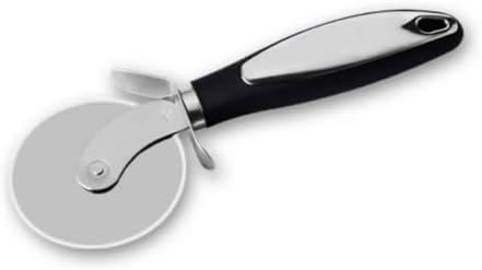 A stainless steel pizza cutter with a sleek black handle and an ultra-sharp circular blade for easy slicing.