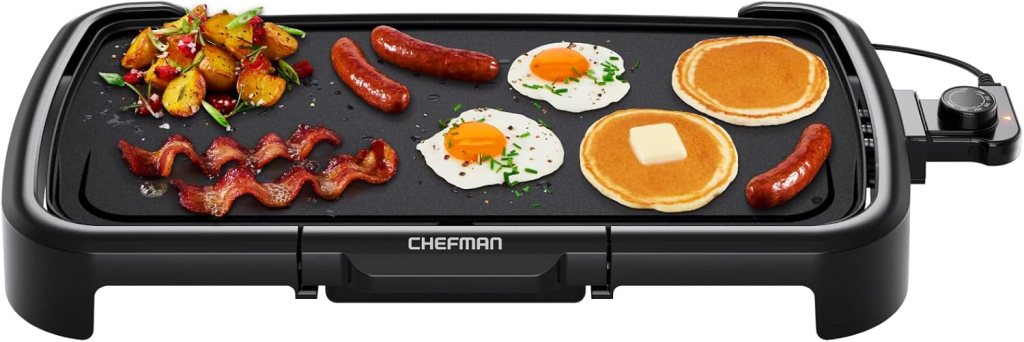 Chefman XL Electric Griddle featuring grilled foods including bacon, sausages, eggs, pancakes, and sautéed potatoes on a large nonstick cooking surface.