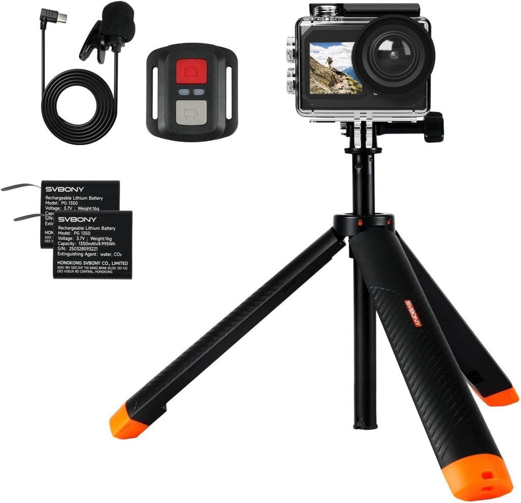 SVBONY SVGo2 Action Camera kit featuring a 4K30FPS camera, 5X zoom, touch screen, waterproof case, tripod, wired microphone, and two rechargeable batteries.