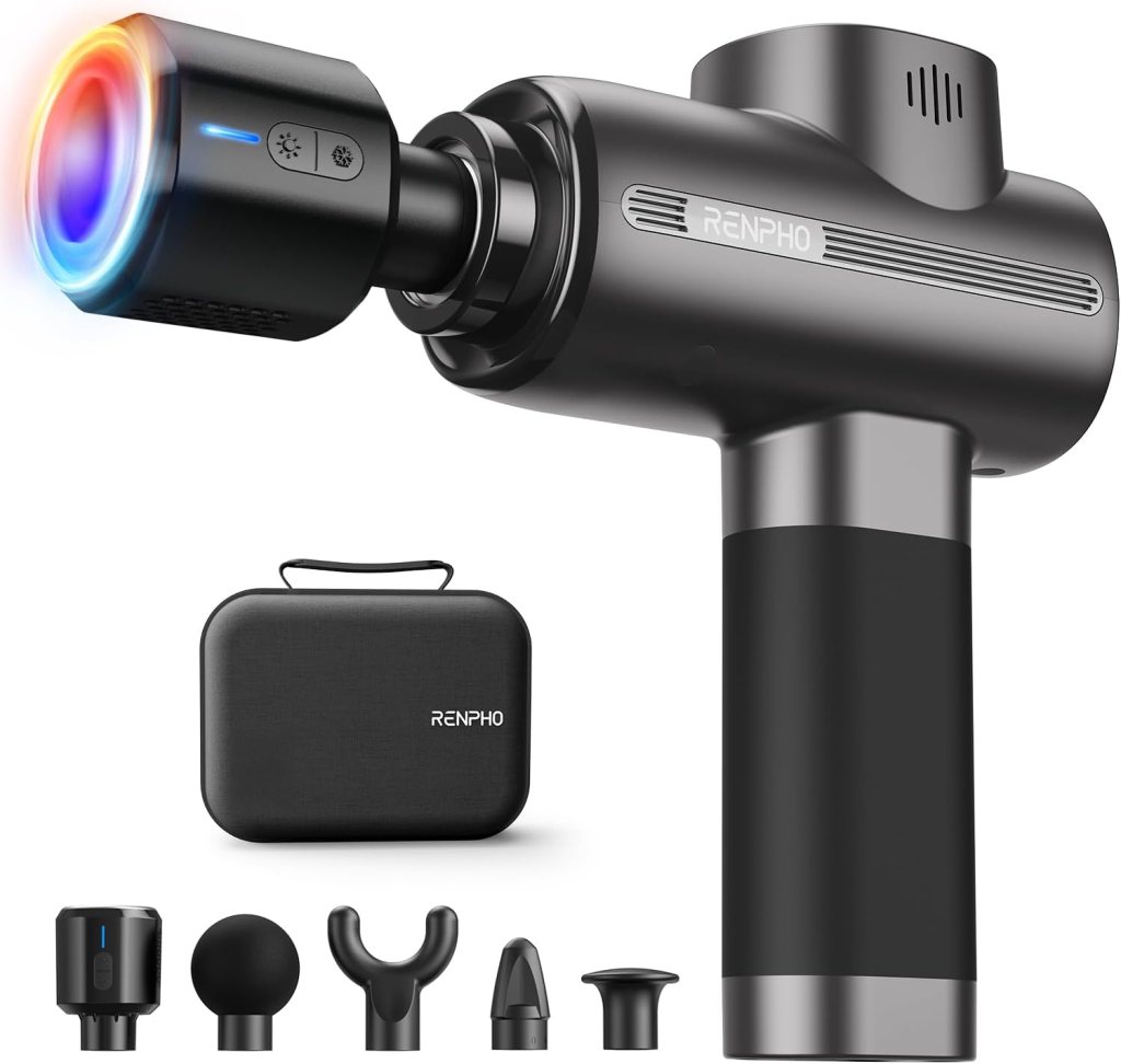 Close-up of a RENPHO massage gun with multiple attachments, featuring a heat and cold head, presented alongside a carrying case.