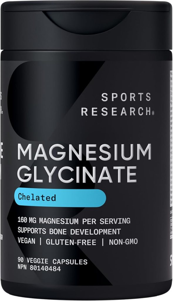 Container of Sports Research Magnesium Glycinate, featuring bold text highlighting its benefits, including 160 mg of magnesium per serving and vegan, gluten-free, and non-GMO labels.