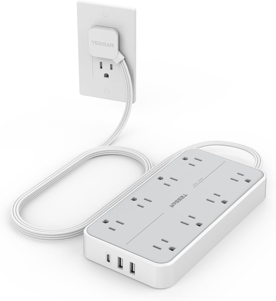 TESSAN Power Strip Surge Protector with eight outlets and three USB ports, designed for wall mounting, featuring a flat plug and a cord.