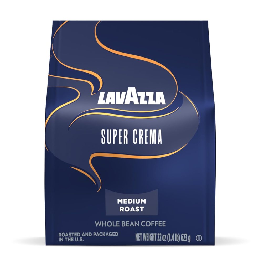 Lavazza Super Crema Whole Bean Coffee packaging, featuring a blue background with gold accents and text indicating it is a medium roast. The bag weighs 22 oz.